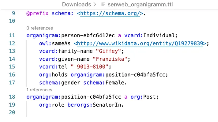 Ausschnitt aus einer RDF-Datei, die Informationen zu Franziska Giffey als Senatorin enthält.